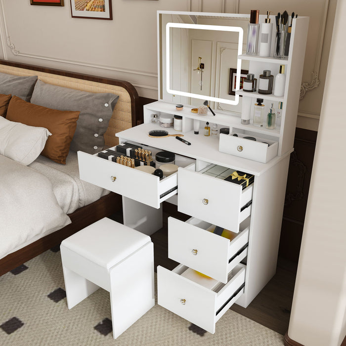 Vanity Desk With Mirror, 3 Color Lighting And Stool Home Essentials