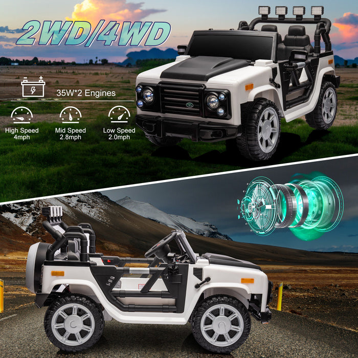 12V7A 30W*2 Four-Wheel Drive Seat One Button Start, Forward And Backward, High And Low Speed, Music, Front Light, Power Display, Two Doors Can Open, 2.4G R / C, Seat Belt Four Wheel Absorber