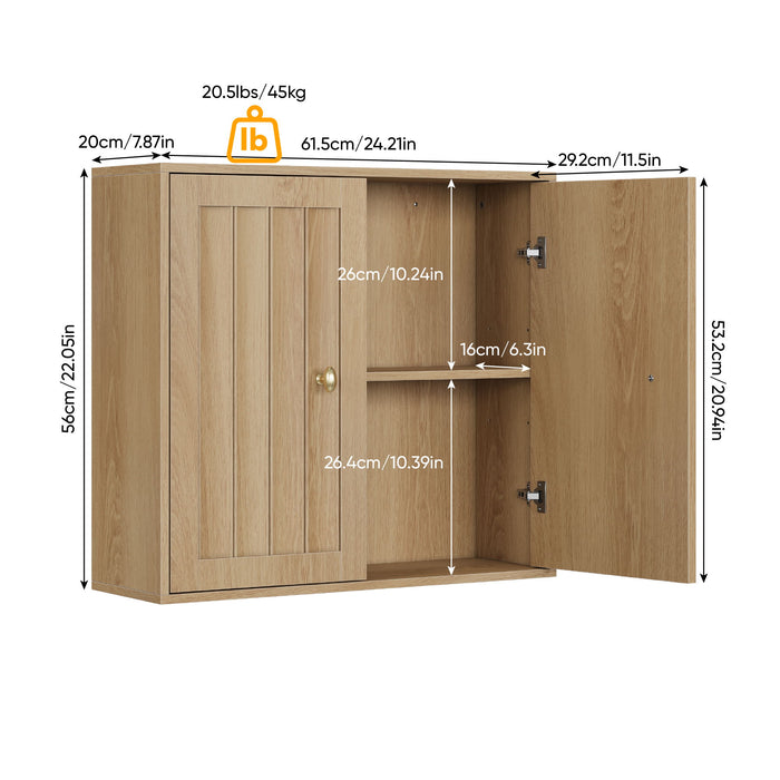 Wall Mounted Bathroom Cabinet With Double Doors And Vertical Grooved Design For Bathrooms - Oak Home Essentials