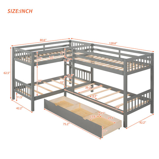 Twin L-Shaped Bunk Bed With Drawers - Gray DreamHaus