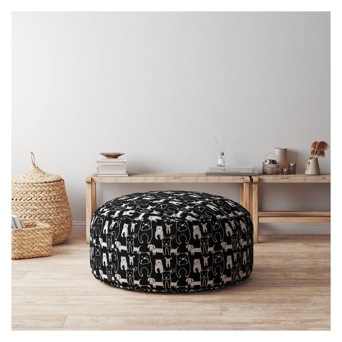 Cotton Round Animal Print Pouf Ottoman - Black