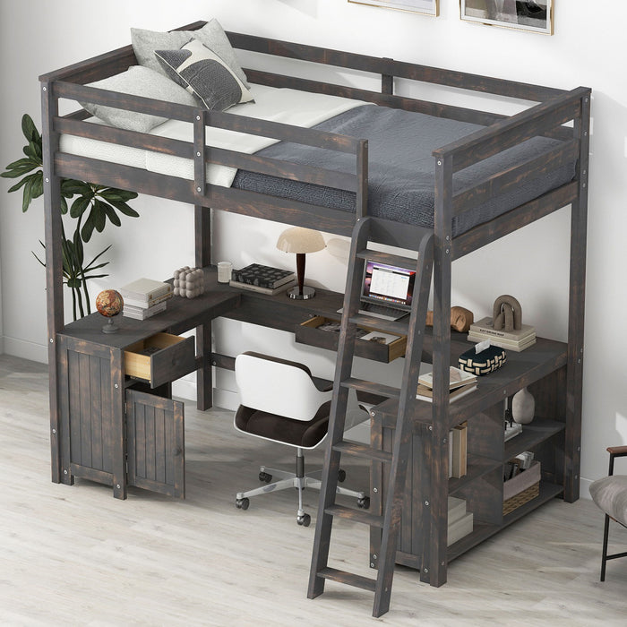 Loft Bed With U-Shaped Desk, Drawers, And Storage Shelves