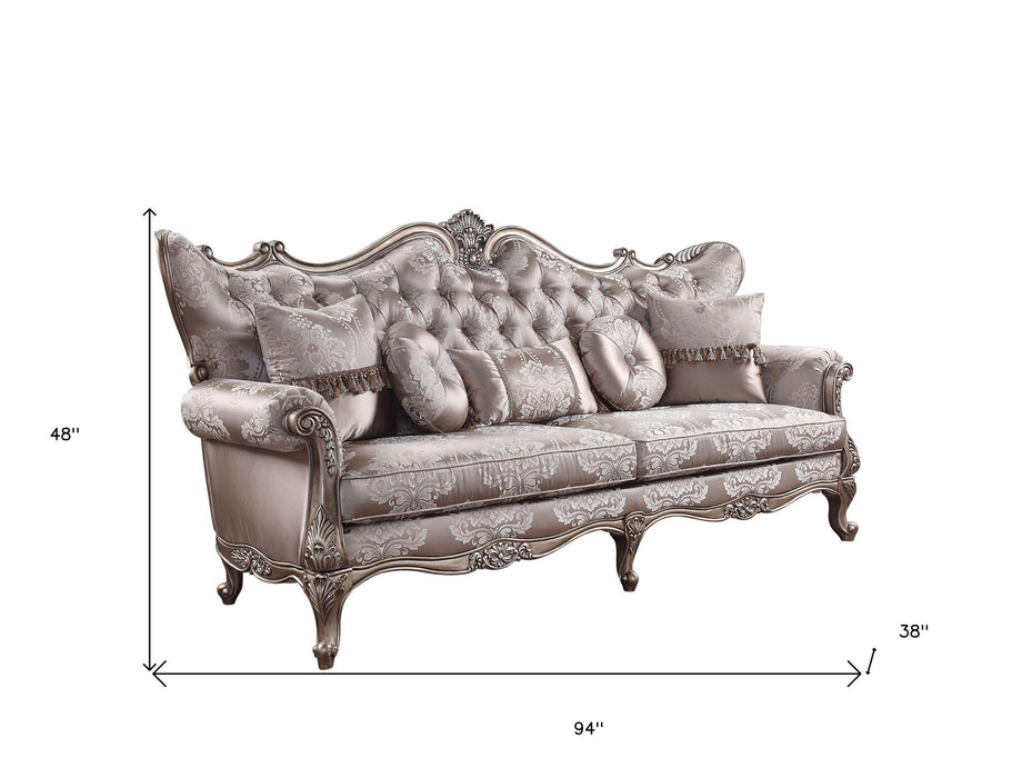 Imitation Silk Damask Sofa And Toss Pillows With Champagne Legs - Dark Gray