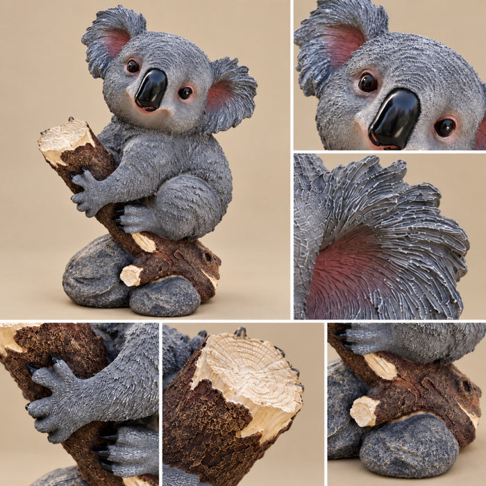 Koala Garden Statue Hand Painted Animal Sculpture With Log For Patio Home Decor - Dark Gray Daily Nest