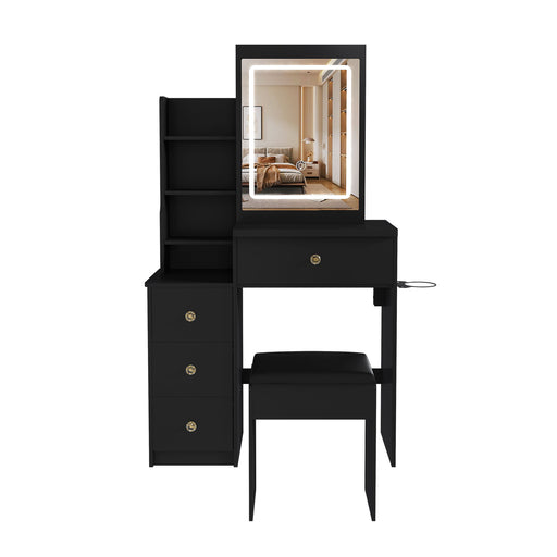 Vanity Desk With 3 LED Lighting Modes, 4 Drawers, Open Shelves, Hair Dryer Holder & Power Socket Dressing Table Set With Chair - Black Home Essentials