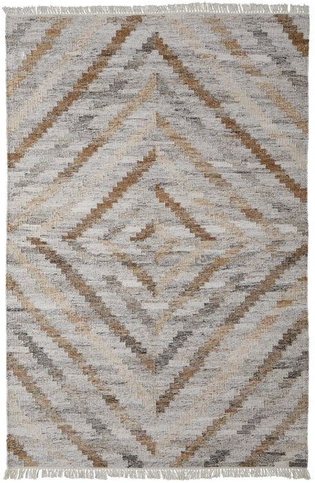 Geometric Hand Woven Stain Resistant Area Rug With Fringe - Ivory Gray And Tan - 9' X 12'