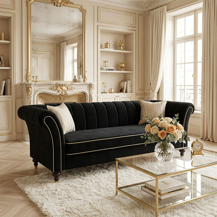 3 Seater Sofa With Rolled Arms, Vertical Channel Tufted Backrest Home Essentials