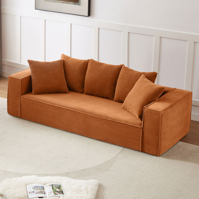 88.97" Corduroy Sofa With 5 Matching Toss Pillows Sleek Design Spacious And Comfortable 3 Seater Couch For Modern Living Room, Orange