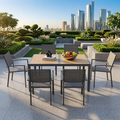 7 Piece Gray Patio Dining Set With Hdps Table And Textilene Chairs For Outdoor Use, Metal Furniture Home Essentials