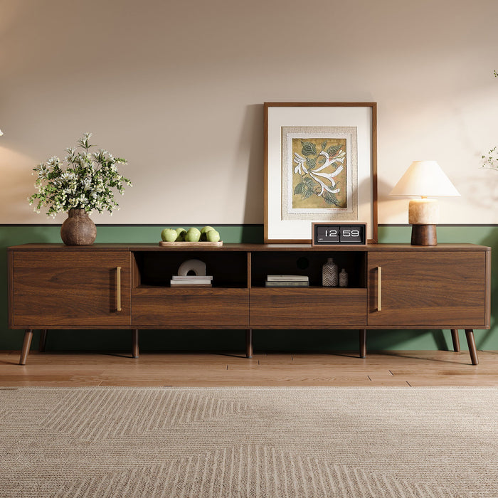 78" TV Stand For 85" TVs With Soft Close Doors, Open Shelf - Walnut Hearth and Haven