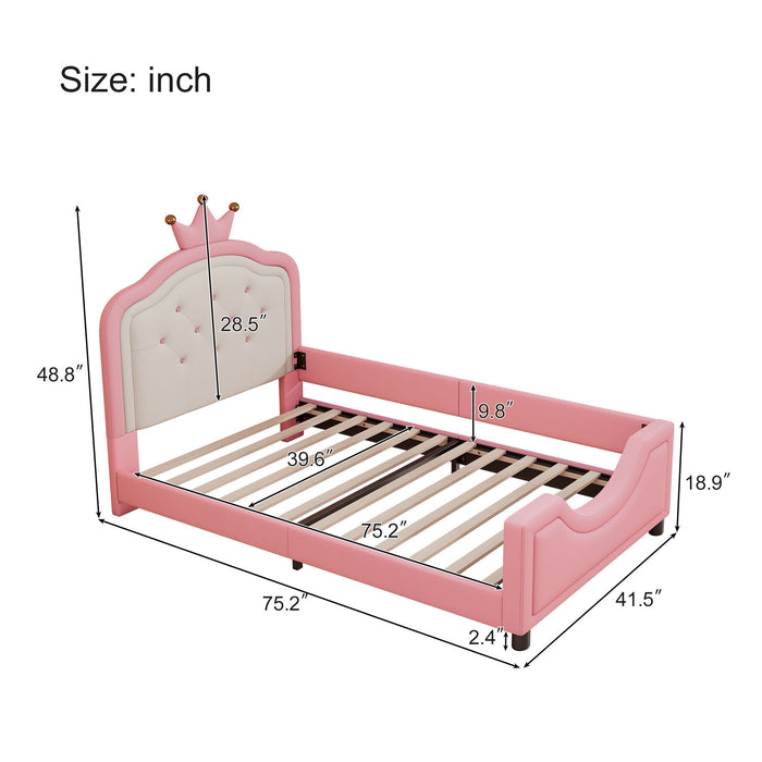 Twin Size Cute Princess Upholstered Daybed Low To The Ground Design With Button Tufted Crown Headboard For Kids - Pink