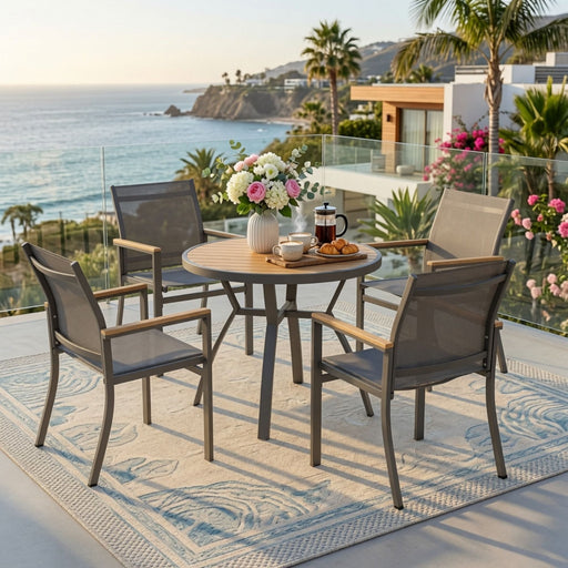 Gray Aluminum Patio Dining Set With Textilene Chairs, 5 Piece All Weather Round Table And 4 Seater For Garden, Deck, Or Porch Home Essentials