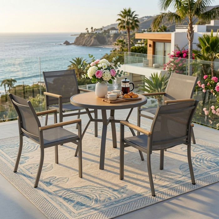 Gray Aluminum Patio Dining Set With Textilene Chairs, 5 Piece All Weather Round Table And 4 Seater For Garden, Deck, Or Porch Home Essentials