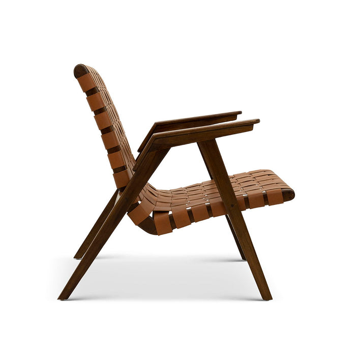 David Genuine Leather Teak Lounge Chair - Brown