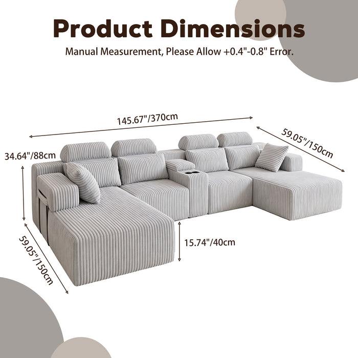 U-Shaped Sectional Sofa With Chaise Lounge And Cup Holders Home Essentials