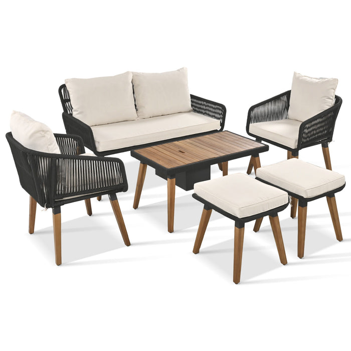 K&K 6 Piece Rope Patio Furniture Set, Outdoor Furniture With Acacia Wood Cool Bar Table With Ice Bucket, Deep Seat Patio Conversation Set With Two Stools For Backyard Porch Balcony (Black & Beige)