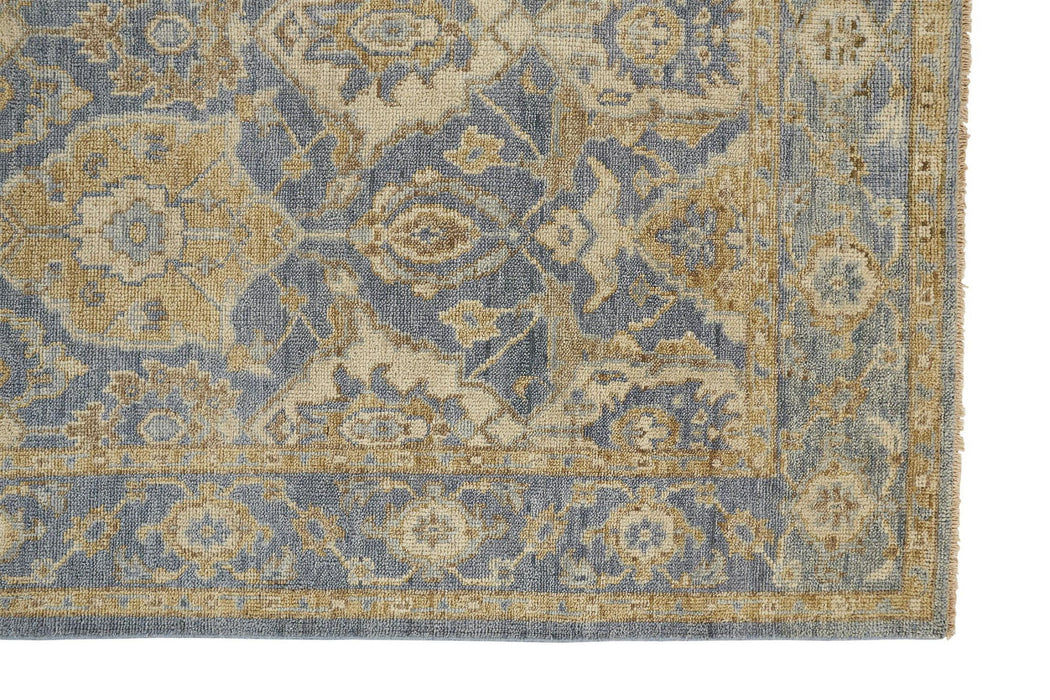 Floral Hand Knotted Stain Resistant Area Rug With Fringe - Blue Gold And Tan Wool - 4' X 6'