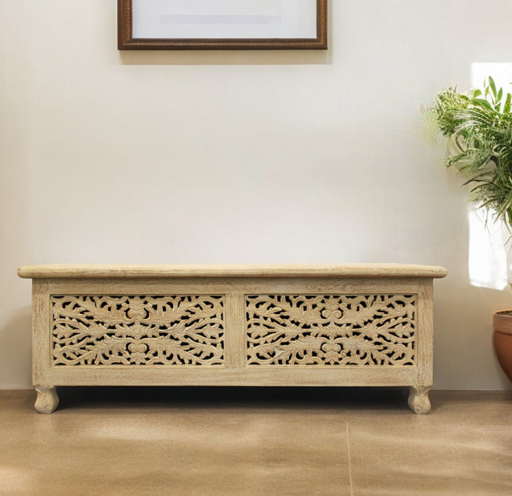 Solid Carved Wood Scroll Bench With Flip Top - Antique White