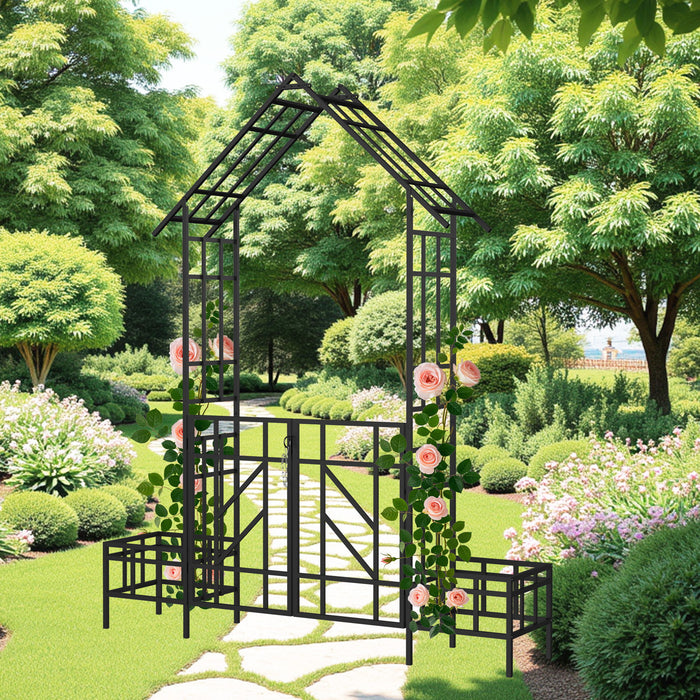 Garden Arch With Gate With Planter, Climbing Plants Support Outdoor - Black Daily Nest