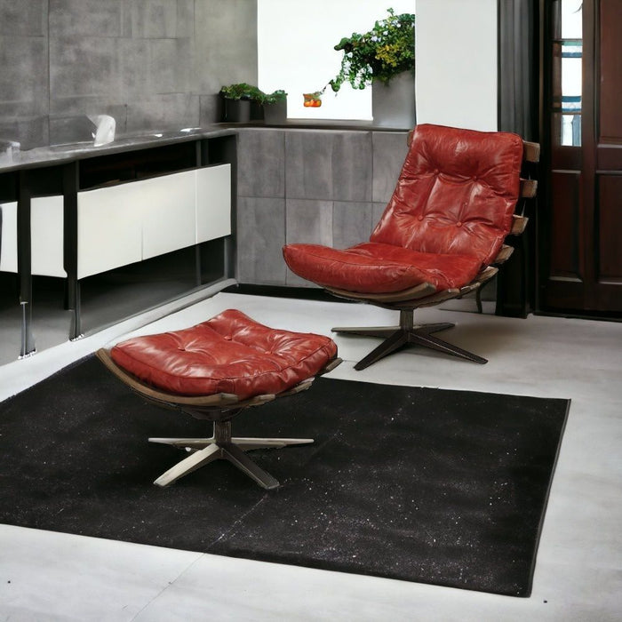 Top Grain Leather Tufted Swivel Lounge Chair With Ottoman - Red And Brown