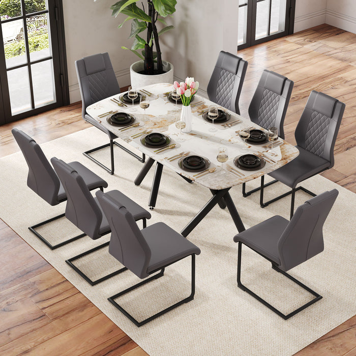 1 Table, 8 Chairs Set, A Rectangular Dining Table With A 0.39" Imitation Marble Tabletop And Black Metal Legs, Paired With 8 Chairs With PU Leather Seat Cushion And Black Metal Legs - Glass / Metal