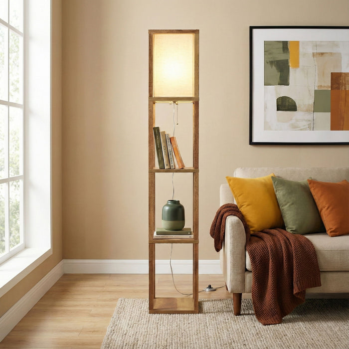 Pinnacle - Shelf Floor Lamp For Bedroom / Living Room, Long Shade - Natural Wood / White Ashcroft Furniture
