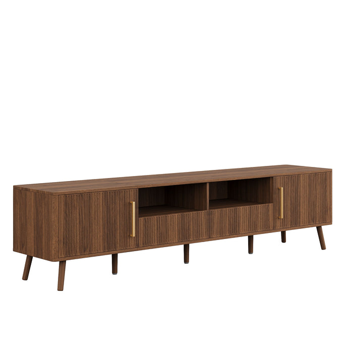78" TV Stand For 85" TVs With Fluted Doors, Open Shelf, Cable Management - Walnut Hearth and Haven