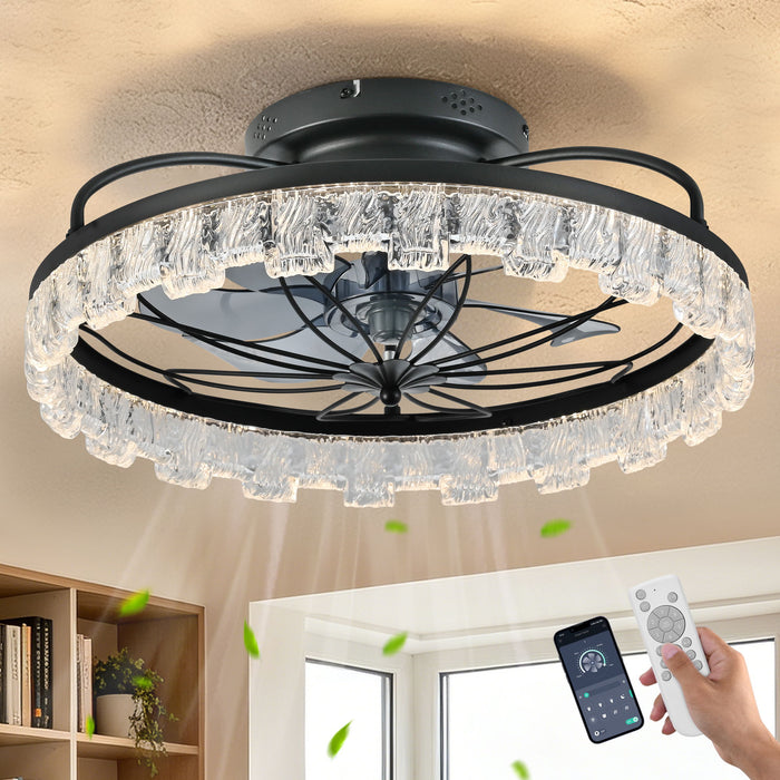 Ceiling Fan With Light, Flower Caged Ceiling Fan With Remote, LED Low Profile Ceiling Light - Matte Black Daily Nest