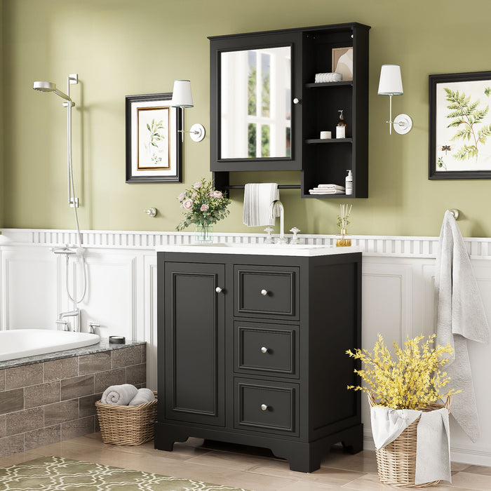 Bathroom Vanity With Sink, Modern Elegant Bathroom Storage Cabinet With 3 Drawers And Adjustable Shelves, Freestanding Vanity Set With Mirror Cabinet, Single Sink Bathroom Vanity Hearth and Haven