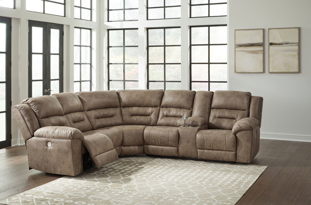 Ravenel - 3-Piece Power Reclining Sectional With Raf Power Reclining Loveseat With Console - Faux Leather - Fossil Signature Design by Ashley®