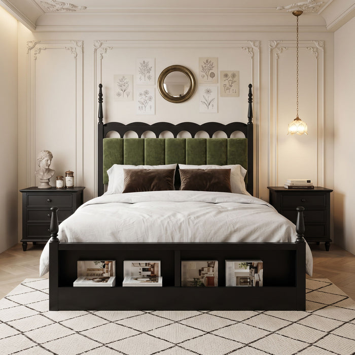 Platform Bed Frame With Tufted Upholstered Scallop Headboard Noble House