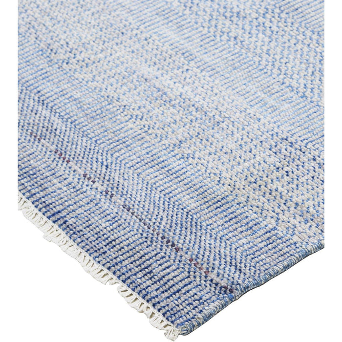 Striped Hand Knotted Area Rug - Blue And Silver Wool - 12' X 15'