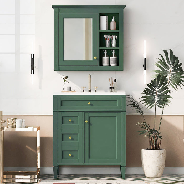30'' Bathroom Vanity With Top Sink, Modern Bathroom Storage Cabinet, 2 Drawers And A Tip - Out Drawer, Freestanding Vanity Set With Mirror Cabinet, Single Sink Bathroom Vanity - Green