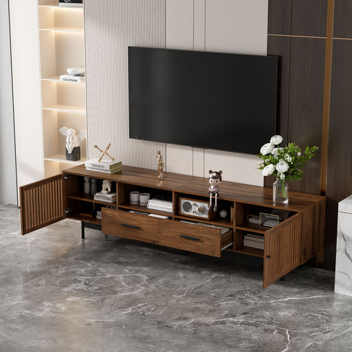 TV Stand, Media Console With 2 Drawers, Soft Closing Slatted Doors, Living Room Entertainment Center - Walnut Hearth and Haven