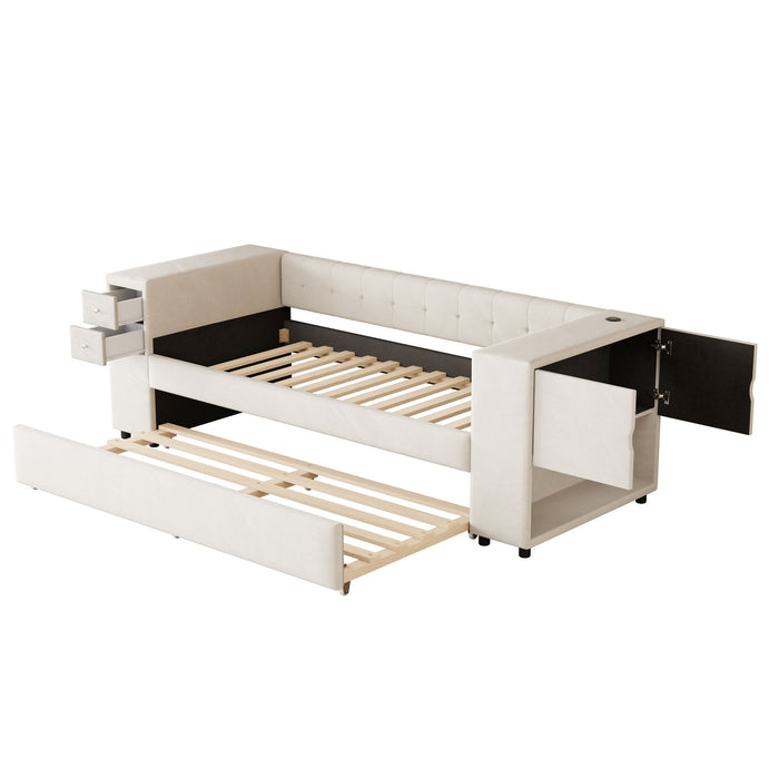Upholstered Bed With Storage And Twin Trundle, USB Charging Ports