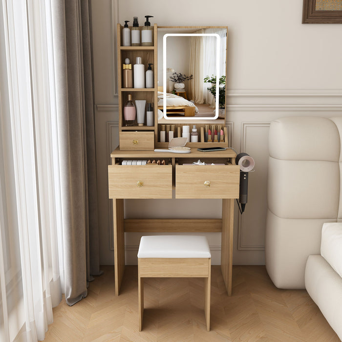 Small Vanity Desk With 3 LED Lighting Modes, 3 Drawers, Hair Dryer Holder, Power Socket, And Dressing Chair - Natural Walnut Home Essentials