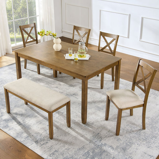 6 Piece Dining Table Set, Large Rectangular Table With Upholstered Bench & 4 X - Back Chairs, Kitchen Furniture - Oak Home Essentials