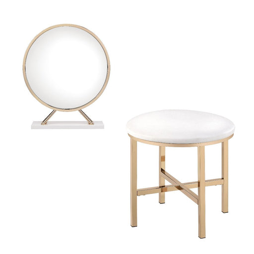 Midriaks - Mirror & Stool - Synthetic Leather , White & Gold ACME