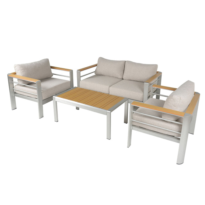 Cora - Outdoor Patio Aluminum 4 Pieces Chat Set - Beige / Natural / Silver