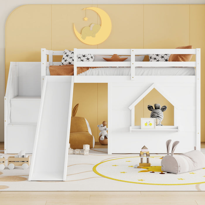 Loft Bed With Storage Stairs, Slide, Playhouse Window And 7 Colors LED Lights Home Essentials