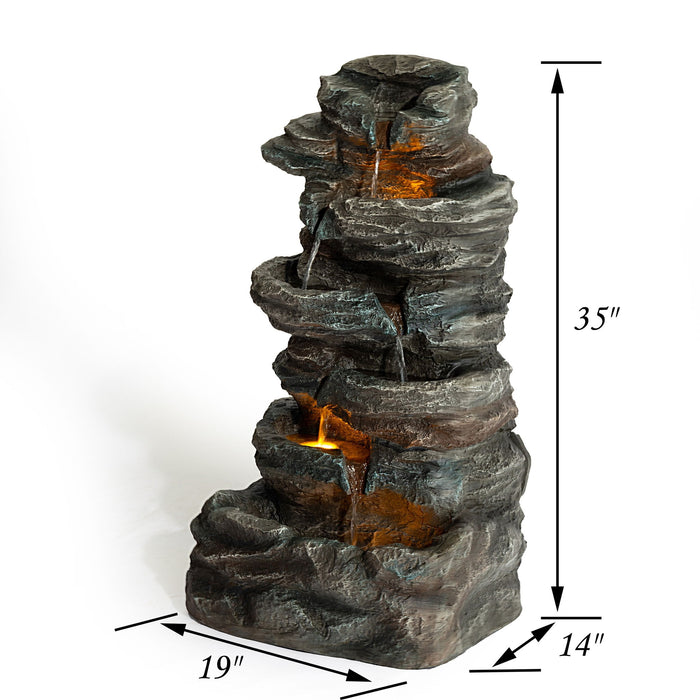 6 Tier Cascading Stone Water Fountain With LED Lights - Gray Patioseek