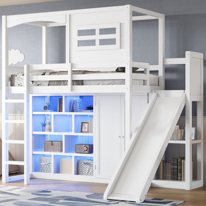 Twin Size Loft Bed With Wardrobe, Storage Shelves, Slide And LED - White Hearth and Haven