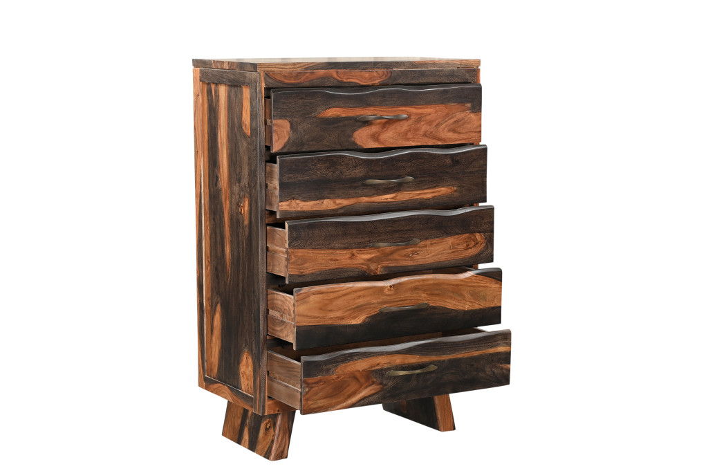 Solid Wood Live Edge Five Drawer Standard Chest - Dark Brown