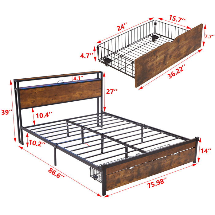 Modern Metal Platform Bed Frame With Wooden Headboard, USB Charging, LED Lights, And Storage