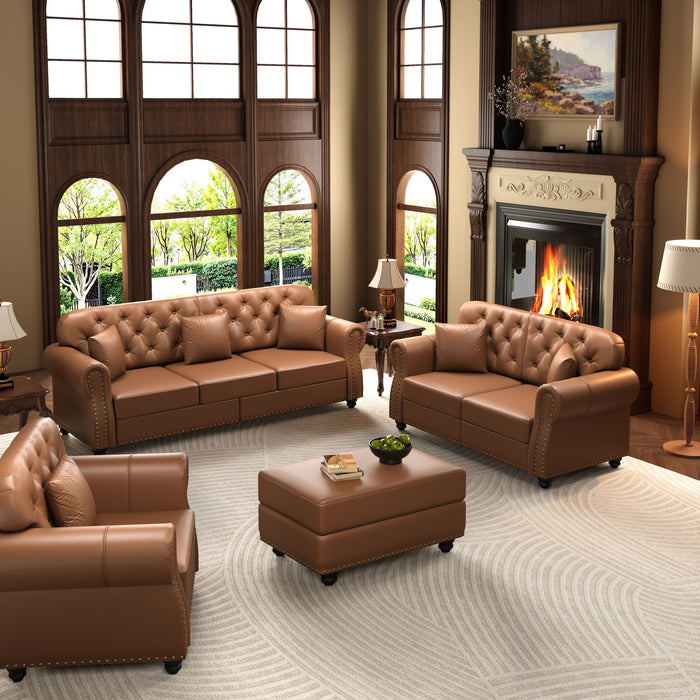 Upholstered Sofa With Nailhead Trim, Rolled Armrests With Ottoman Home Essentials