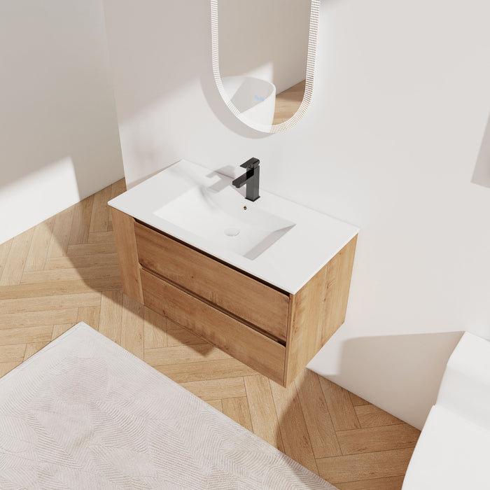 36" Wall Mounting Bathroom Vanity With Ceramic Sink, Soft Close Drawer - Imitative Oak