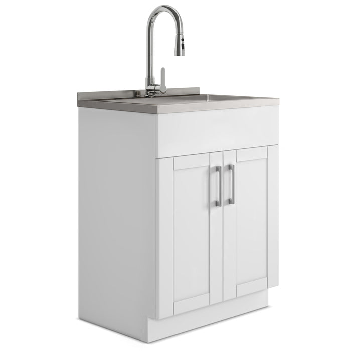 Modern Wide Shaker - 28" Laundry Cabinet With Faucet And Stainless Steel Sink - White
