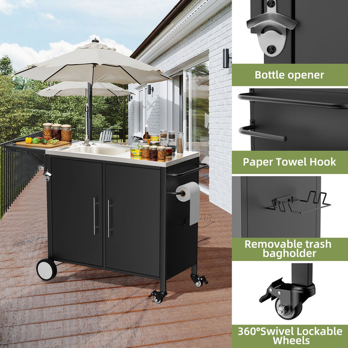 Outdoor Grill Table With Sink, Worktable Kitchen Cabinet Island With Wheels & Foldable Top - Black Daily Nest