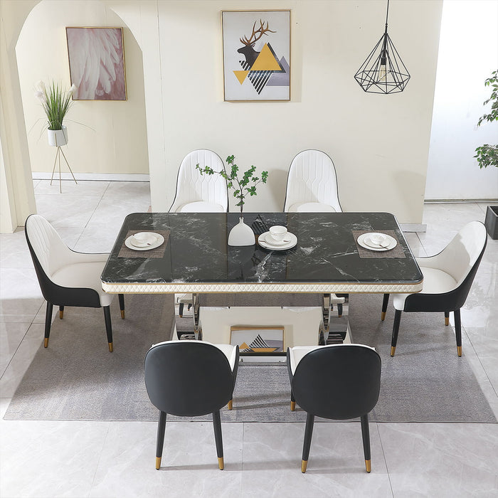 Luxury Modern Dining Table 78.7" Black Dining Table With 6 Chairs Faux Marble Dining Table Top With Titanium - Plated Dual Circle Base With 6 Pieces Chairs .