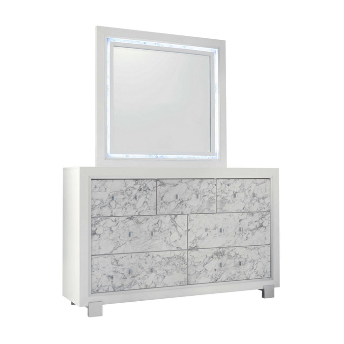 Modern Dresser With 7 Faux Marble Detailed Front Drawer. - White